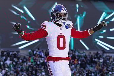 Jan 5, 2025; Philadelphia, Pennsylvania, USA; New York Giants linebacker Brian Burns (0) takes the field for action against the Philadelphia Eagles at Lincoln Financial Field. Mandatory Credit: Bill Streicher-Imagn Images