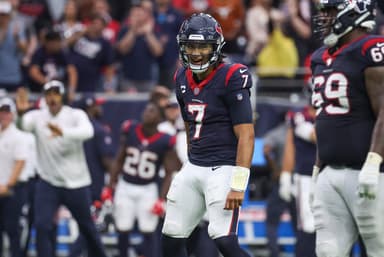 Houston Texans quarterback C.J. Stroud (7) reacts after a play during the fourth quarter against the Tampa Bay Buccaneers at NRG Stadium, New York Giants