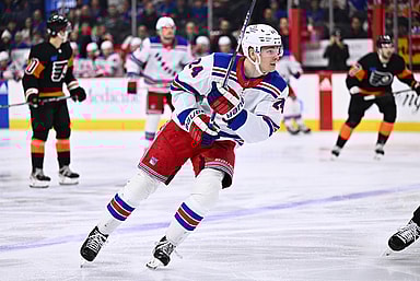 New York Rangers right wing Kaapo Kakko (24) in action against the Philadelphia Flyers in the first period at Wells Fargo Center