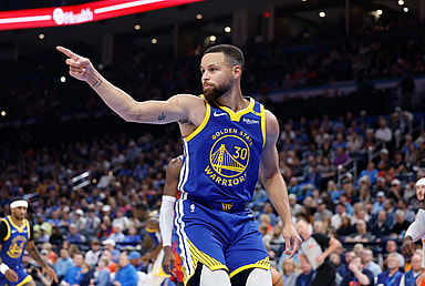 Nov 10, 2024; Oklahoma City, Oklahoma, USA; Golden State Warriors guard Stephen Curry (30) gestures after scoring a basket against the Oklahoma City Thunder during the second half at Paycom Center. Mandatory Credit: Alonzo Adams-Imagn Images