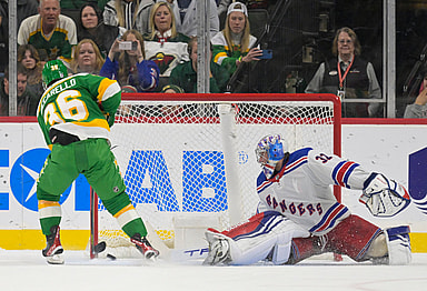Minnesota Wild forward Mats Zuccarello (36) beats New York Rangers goalie Jonathan Quick (32) for a goal during a shootout at Xcel Energy Center