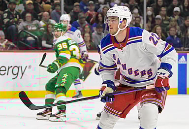New York Rangers forward Jonny Brodzinski (22) follows the play against the Minnesota Wild during the first period at Xcel Energy Center