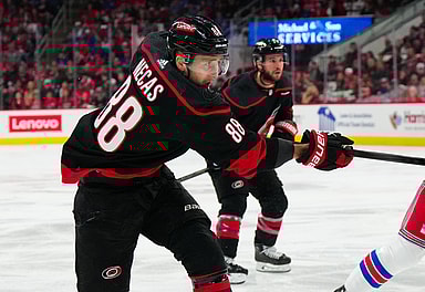 May 11, 2024; Raleigh, North Carolina, USA; Carolina Hurricanes center Martin Necas (88) takes a shot against the New York Rangers during the first period in game four of the second round of the 2024 Stanley Cup Playoffs at PNC Arena. Mandatory Credit: James Guillory-USA TODAY Sports