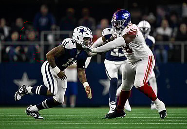 Nov 24, 2022; Arlington, Texas, USA; Dallas Cowboys linebacker Micah Parsons (11) and New York Giants offensive tackle Andrew Thomas (78) in action during the game between the Dallas Cowboys and the New York Giants at AT&T Stadium. Mandatory Credit: Jerome Miron-USA TODAY Sports