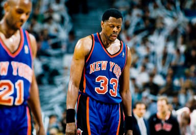 May 18, 1997; Miami, FL; USA; FILE PHOTO; New York Knicks center Patrick Ewing (33) reacts on the court against the Miami Heat during the the first round of the 1997 NBA Playoffs at the Miami Arena. Mandatory Credit: RVR Photos-USA TODAY Sports