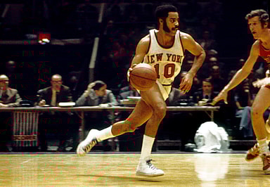 Mar 2, 1971; New York, NY, USA; FILE PHOTO; New York Knicks guard Walt Frazier (10) in action against the Baltimore Bullets at Madison Square Garden. Mandatory Credit: Manny Rubio-USA TODAY Sports