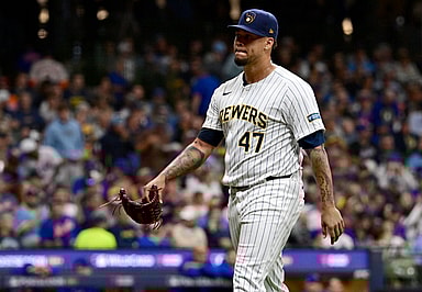 Oct 2, 2024; Milwaukee, Wisconsin, USA; Milwaukee Brewers pitcher Frankie Montas (47) is removed from the game during the fourth inning in game two of the Wildcard round for the 2024 MLB Playoffs against the New York Mets at American Family Field. Mandatory Credit: Benny Sieu-Imagn Images