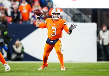 Denver Broncos quarterback Russell Wilson (3) prepares to pass in the first half against the New England Patriots at Empower Field at Mile High (New York Giants)