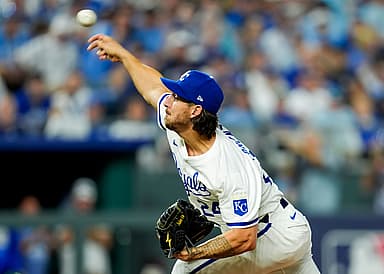 Oct 9, 2024; Kansas City, Missouri, USA; Kansas City Royals pitcher Michael Lorenzen (24) pitches during the ninth inning against the New York Yankees in game three of the ALDS for the 2024 MLB Playoffs at Kauffman Stadium. Mandatory Credit: Jay Biggerstaff-Imagn Images