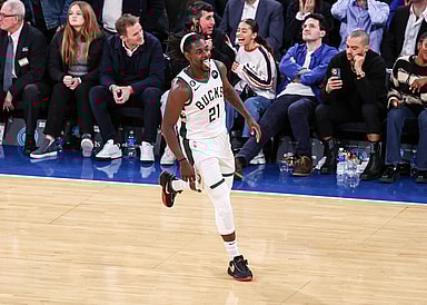 Milwaukee Bucks guard Jrue Holiday (21) celebrates a basket during the fourth quarter against the New York Knicks at Madison Square Garden
