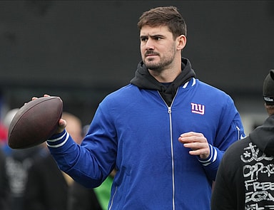 Giants quarterback Daniel Jones on the field during pre game warm ups