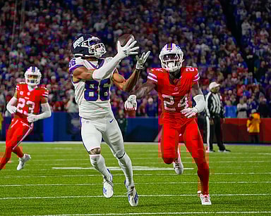 Oct 15, 2023; Orchard Park, New York, USA; New York Giants wide receiver Darius Slayton (86) makes a catch against Buffalo Bills cornerback Kaiir Elam (24) during the first half at Highmark Stadium. Mandatory Credit: Gregory Fisher-USA TODAY Sports