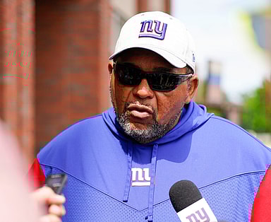 Andre Patterson, New York Giants defensive line coach, talks to reporters before mandatory minicamp at the Giants training center in East Rutherford on Tuesday, June 13, 2023. Credit:Danielle Parhizkaran/NorthJersey.com / USA TODAY NETWORK