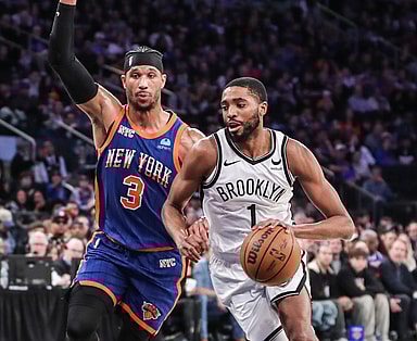 Mar 23, 2024; New York, New York, USA;  Brooklyn Nets forward Mikal Bridges (1) looks to drive past New York Knicks guard Josh Hart (3) in the second quarter at Madison Square Garden. Mandatory Credit: Wendell Cruz-USA TODAY Sports