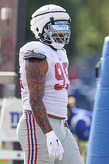 New York Giants defensive tackle Jordon Riley (95) participates in drills during training camp at the Quest Diagnostics Training Facility
