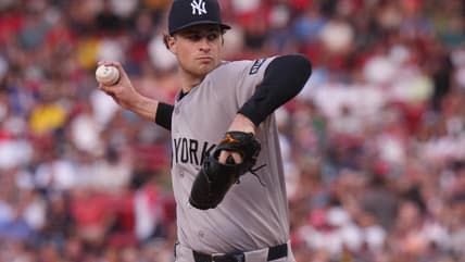 Cam Schlittler pitching for the Yankees at Fenway Park