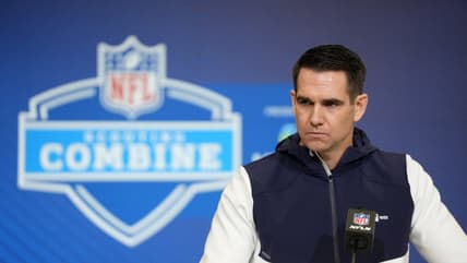 Joe Schoen speaking at the NFL Combine for the Giants