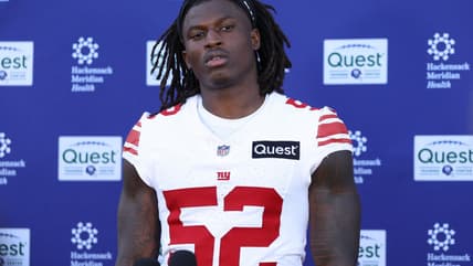 Arvell Reese answering questions during Giants minicamp