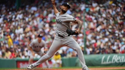 Camilo Doval pitches for the Yankees against Boston