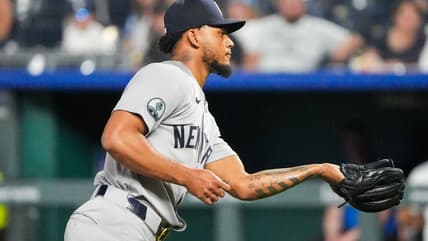 Camilo Doval fielding for the Yankees against the Royals