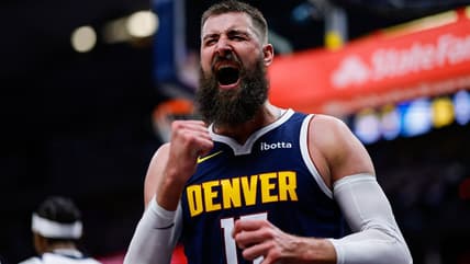 Jonas Valanciunas reacts during a Nuggets game as a Knicks target