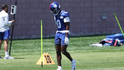 Malachi Fields works during Giants minicamp drills