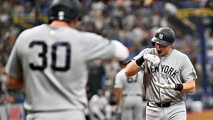 Ben Rice reacts after hitting a home run for the Yankees in Tampa Bay
