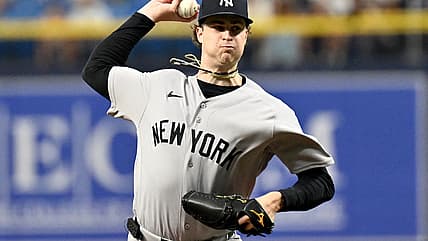 Cam Schlittler throws a pitch for the Yankees against Tampa Bay