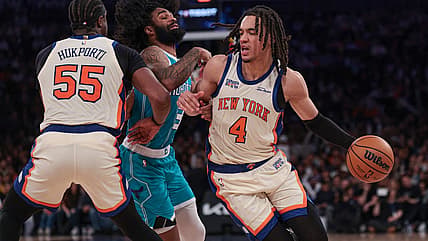 Pacome Dadiet dribbling during a Knicks game