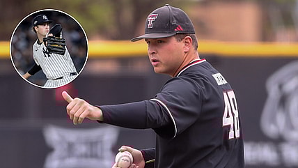 Oct 8, 2025; Bronx, New York, USA; New York Yankees starting pitcher Cam Schlittler (31) pitches against the Toronto Blue Jays during the fifth inning of game four of the ALDS round of the 2025 MLB playoffs at Yankee Stadium. Mandatory Credit: Brad Penner-Imagn Images/Texas Tech's Mac Heuer gives a thumbs up against Cincinnati during a Big 12 baseball game, Friday, April 4, 2025, at Dan Law Field