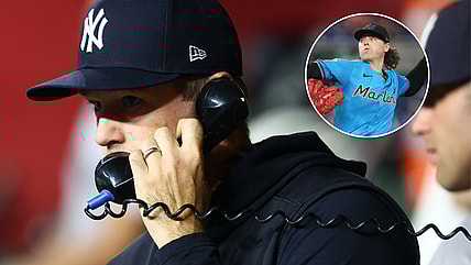 Jun 1, 2025; Miami, Florida, USA; Miami Marlins pitcher Ryan Weathers (35) pitches against the San Francisco Giants in the first inning at loanDepot Park. Mandatory Credit: Jim Rassol-Imagn Images/Apr 1, 2024; Phoenix, Arizona, USA; New York Yankees pitching coach Matt Blake against the Arizona Diamondbacks at Chase Field. Mandatory Credit: Mark J. Rebilas-Imagn Images
