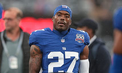 Aug 8, 2024; East Rutherford, New Jersey, USA; New York Giants safety Jason Pinnock (27) looks on before the game against the Detroit Lions at MetLife Stadium. Mandatory Credit: Vincent Carchietta-Imagn Images