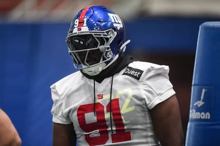 May 9, 2025; East Rutherford, NJ, USA; New York Giants defensive tackle Darius Alexander (91) participates in a drill during rookie minicamp at Quest Diagnostics Training Center. Mandatory Credit: John Jones-Imagn Images