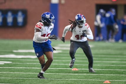 Tremaine Edmunds works through a drill during Giants OTAs