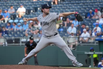 Gerrit Cole delivers a pitch for the Yankees against the Royals