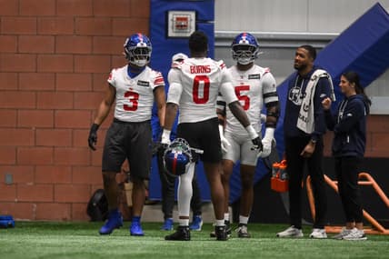 Kayvon Thibodeaux talks during Giants OTAs