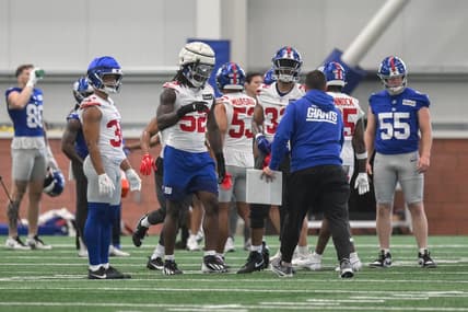 Arvell Reese works through a drill during Giants OTAs