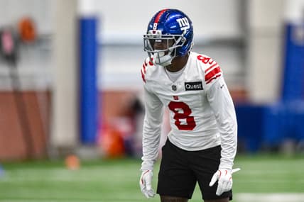Jevon Holland participating in a drill during Giants OTAs