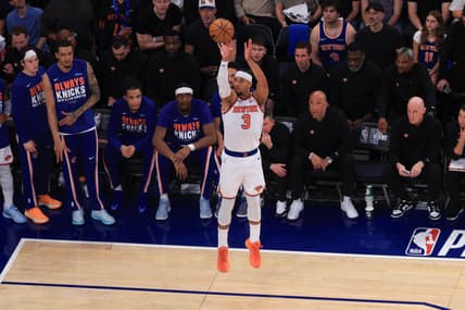 Josh Hart makes a three-pointer for the Knicks against Cleveland