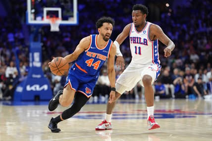 Landry Shamet driving for the Knicks in the playoffs