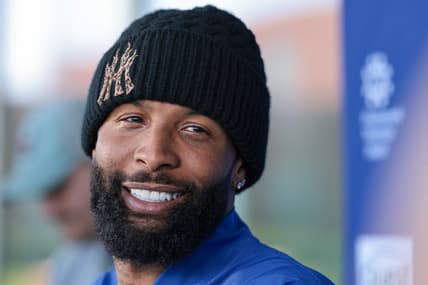 Jun 3, 2026; East Rutherford, NJ, USA; New York Giants wide receiver Odell Beckham Jr. (3) talks with media after organized team activities at Quest Diagnostics Training Center. Mandatory Credit: Vincent Carchietta-Imagn Images