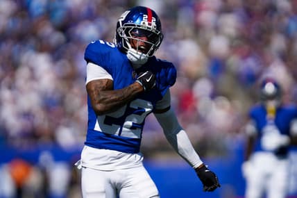 Andru Phillips, New York Giants cornerback Dru Phillips (22) celebrates after breaking up a play during a game against the Los Angeles Chargers