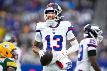 New York Giants wide receiver Jalin Hyatt (13) celebrates after making a catch in a game against the Green Bay Packers at