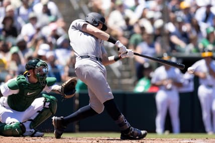 Ben Rice driving a ball for the Yankees