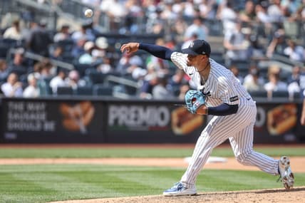 Fernando Cruz pitches for the Yankees against Boston
