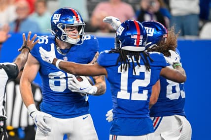 Thomas Fidone II celebrating a catch for the Giants