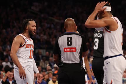 Jalen Brunson celebrating during the NBA Finals