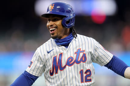 Francisco Lindor reacts after an RBI infield single for the Mets