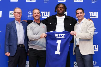 Joe Schoen and John Harbaugh at a Giants draft press conference