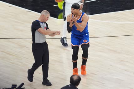 Josh Hart reacts during Knicks-Spurs NBA Finals action